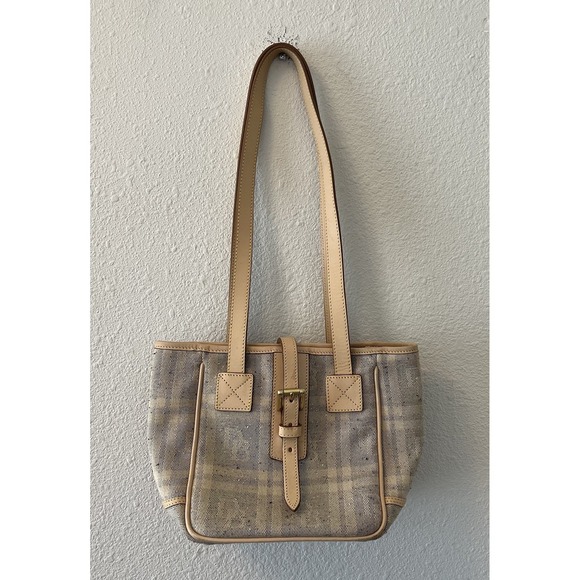 Dooney & Bourke Handbags - Vintage Dooney & Bourke Women's Purse Bag Beige Tan Plaid Leather Trim Chic Cute